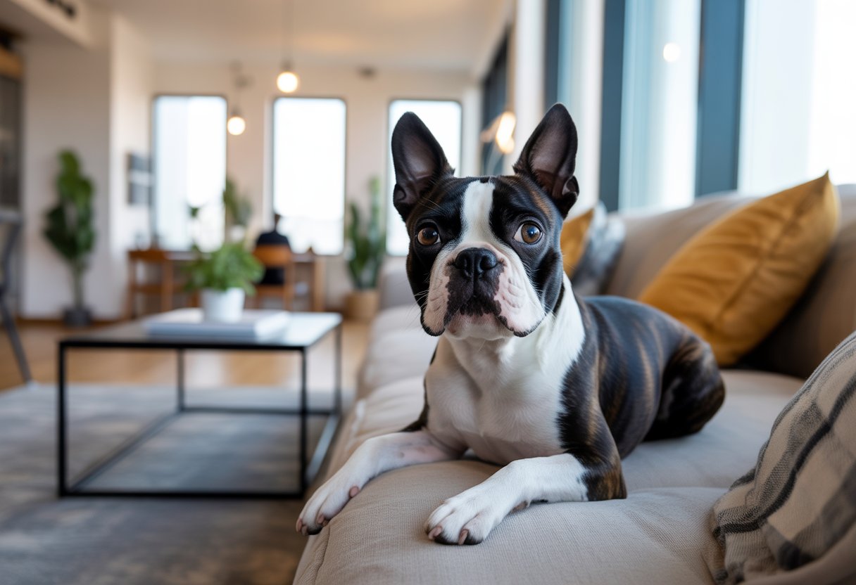 A Boston Terrier sitting in a modern apartment living room with natural light and contemporary furniture.