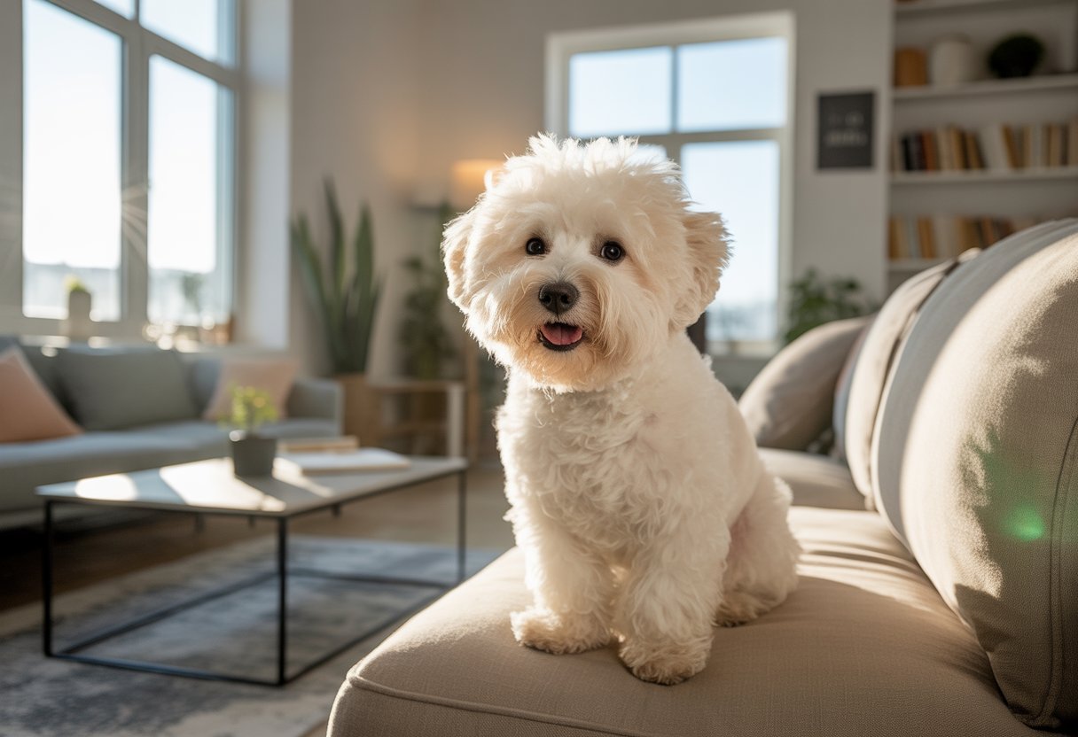 A fluffy white Bichon Frise sitting on a sofa in a bright, modern apartment living room.