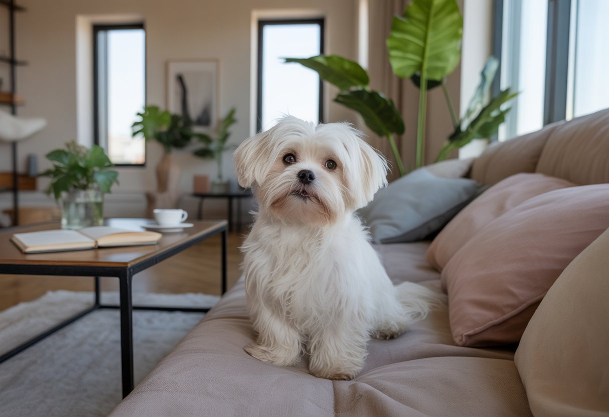 A Maltese dog sitting on a sofa in a bright, modern apartment with plants and natural light.