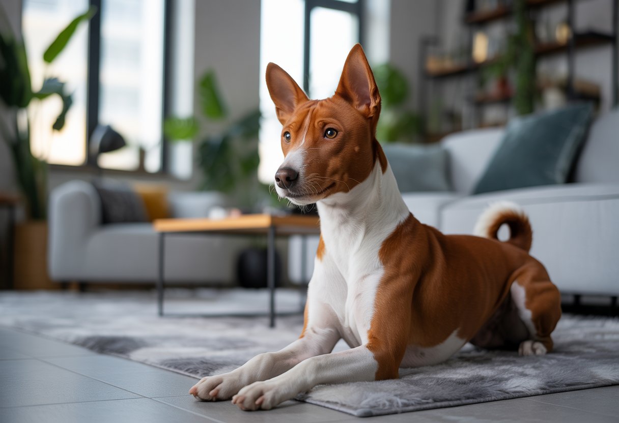 A Basenji dog sitting calmly in a modern apartment living room with natural light and contemporary furniture.