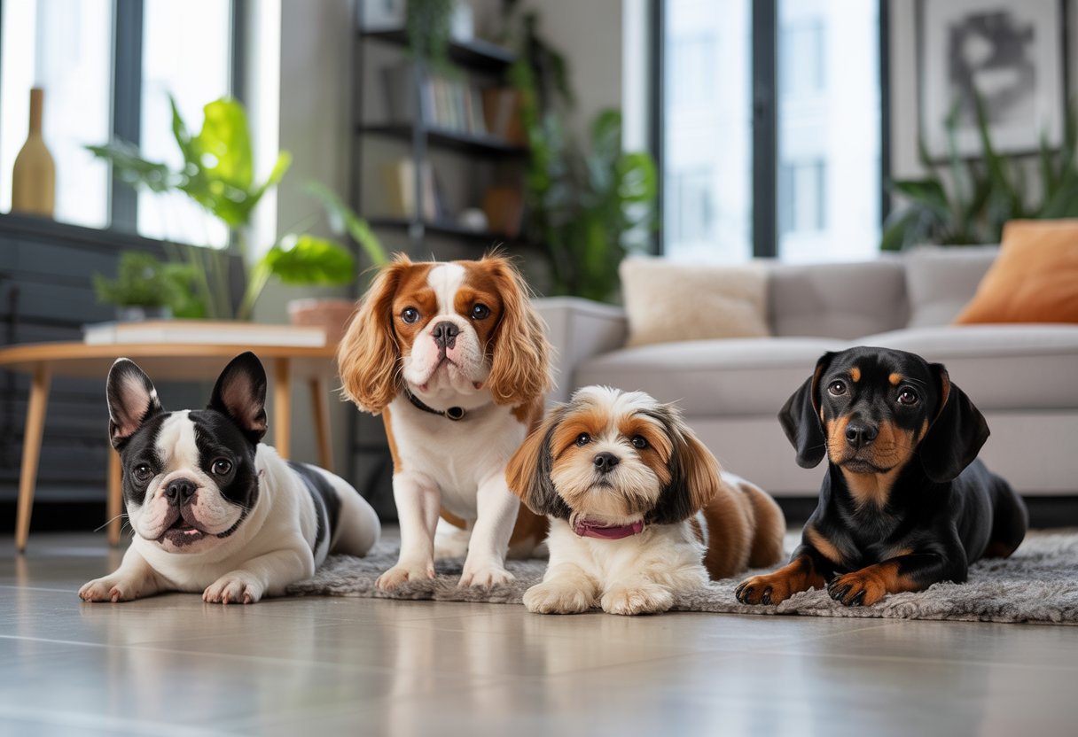 Several small to medium-sized dogs resting and playing in a bright, cosy apartment living room with modern furniture and plants.