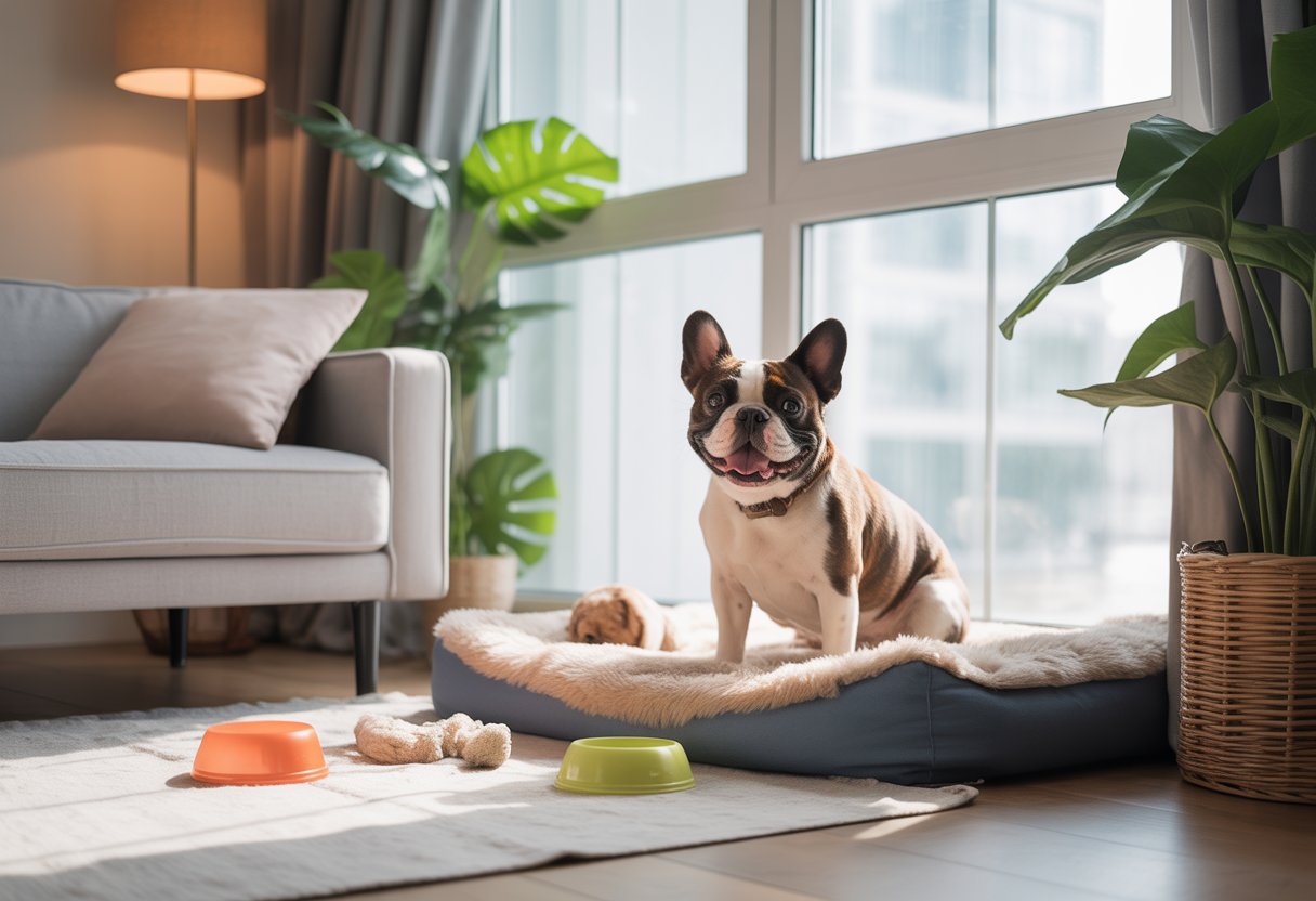 A small dog sitting happily on a dog bed in a bright, modern apartment living room with natural light and plants.