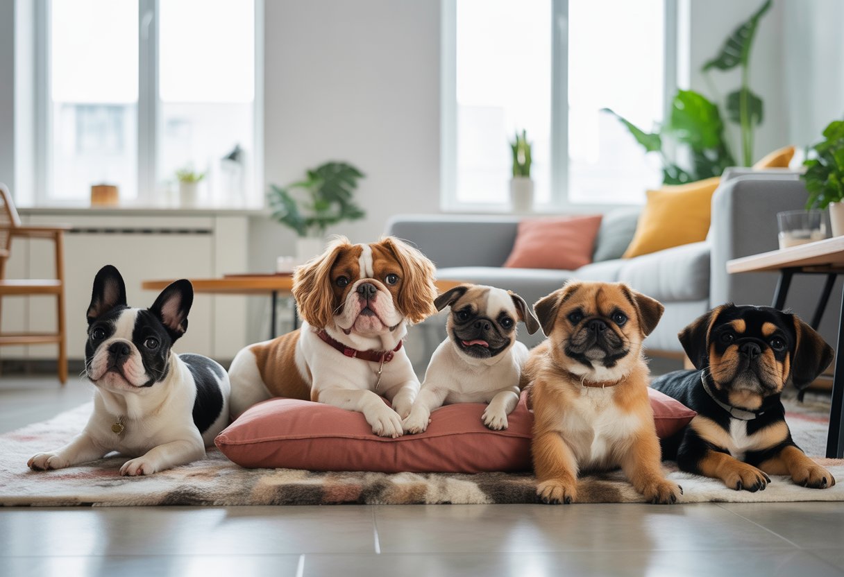 Several small to medium-sized dogs resting and playing in a bright, modern apartment living room with large windows and comfortable furniture.