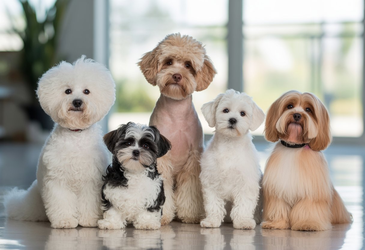 A group of five hypoallergenic dog breeds sitting and standing together indoors, including a Bichon Frise, Shih Tzu, Poodle, Maltese, and Portuguese Water Dog.