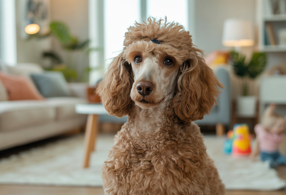 A well-groomed poodle sitting attentively in a bright family living room with soft natural lighting.