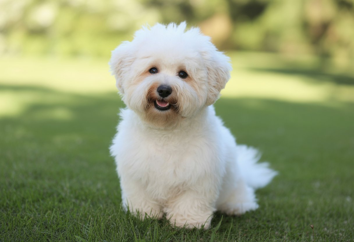 A fluffy white Bichon Frise dog sitting on green grass with a happy expression.