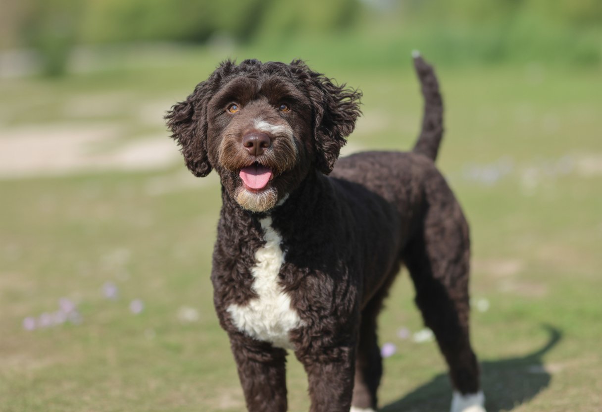 A black and white Portuguese Water Dog standing on grass in a park, looking happy and alert.