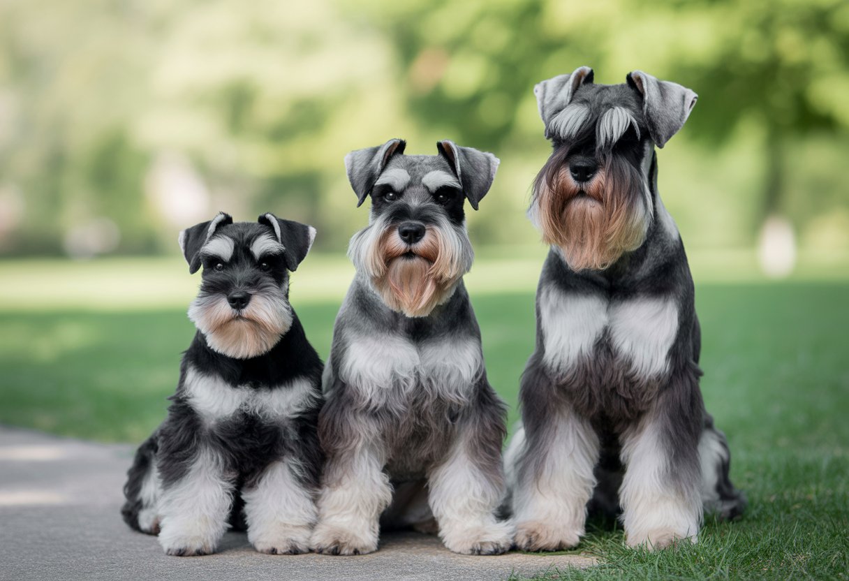 Three Schnauzer dogs of miniature, standard, and giant sizes standing together outdoors on grass with trees in the background.