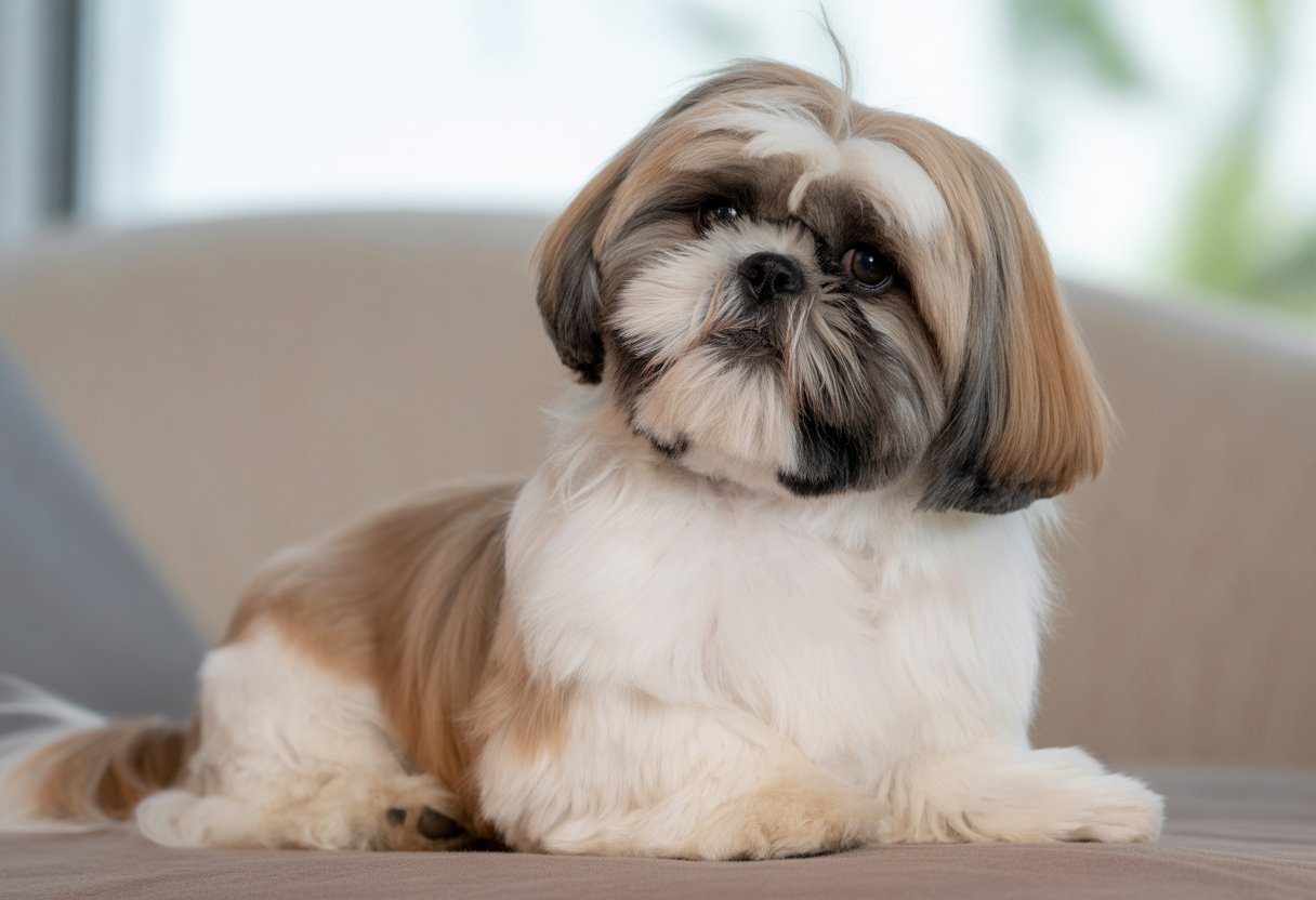 A Shih Tzu dog with long, silky fur sitting calmly and looking gently towards the camera.