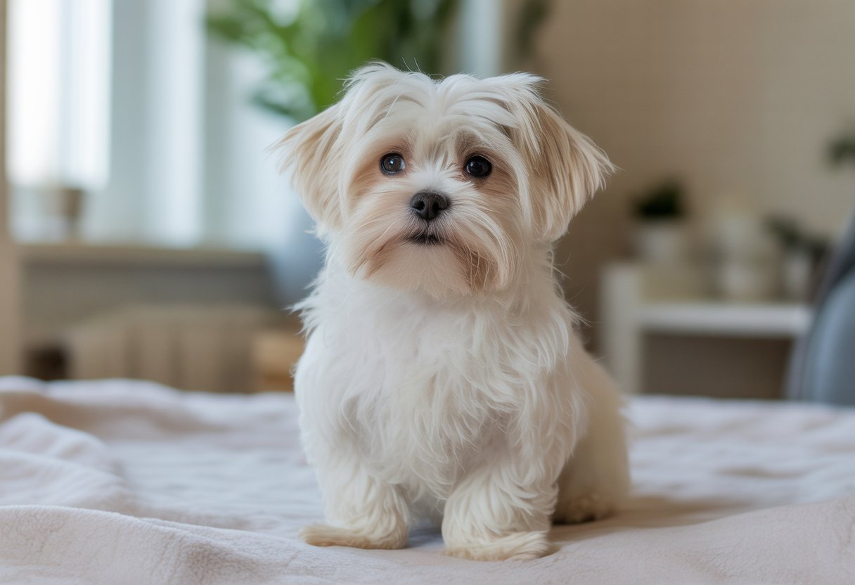 A small white Maltese dog sitting on a soft blanket indoors, looking calm and gentle.