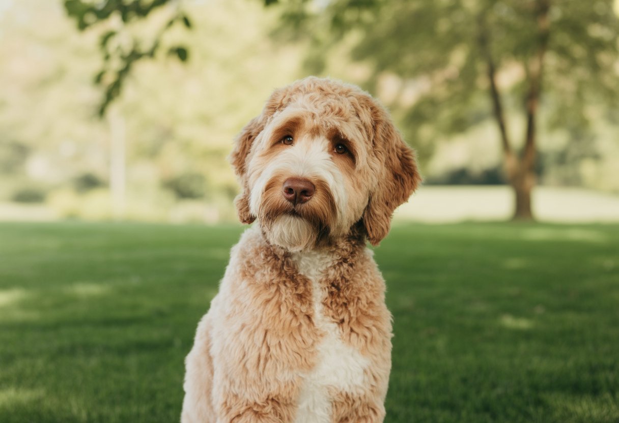 A cream-coloured Labradoodle dog sitting on green grass with trees in the background.