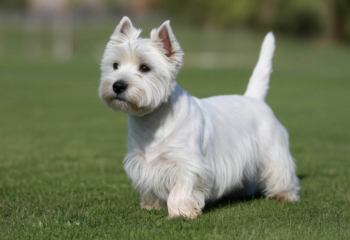 A lively West Highland White Terrier standing on green grass, looking alert and attentive.