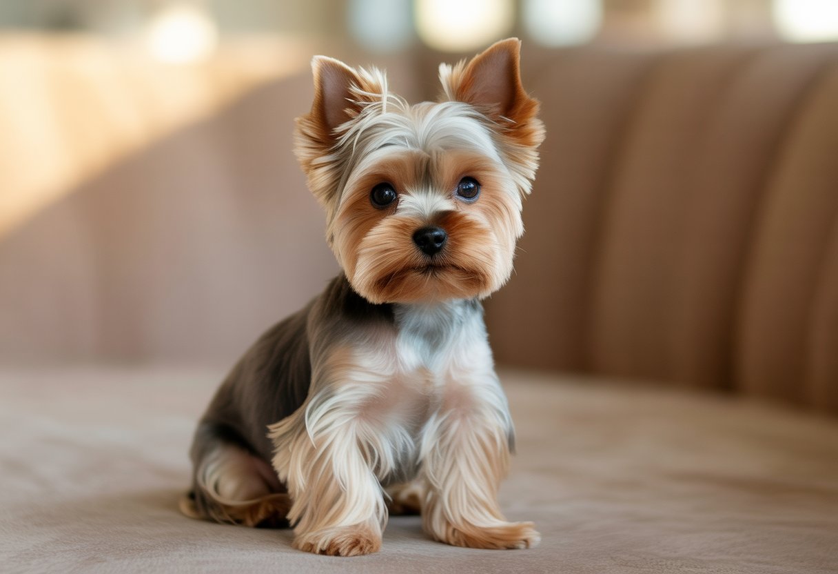 A Yorkshire Terrier sitting attentively on a soft surface with a blurred background.