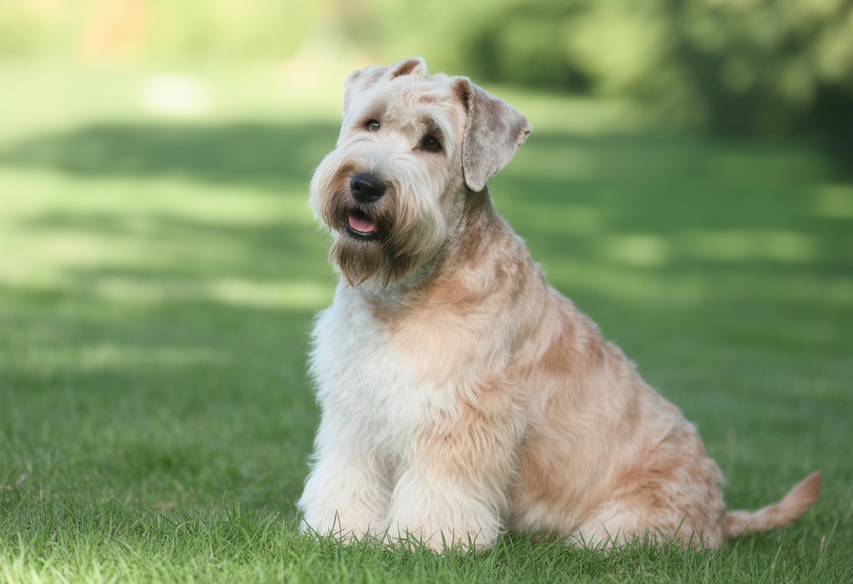 A Soft Coated Wheaten Terrier with a soft, wavy light wheat-coloured coat sitting on grass outdoors, looking alert and friendly.