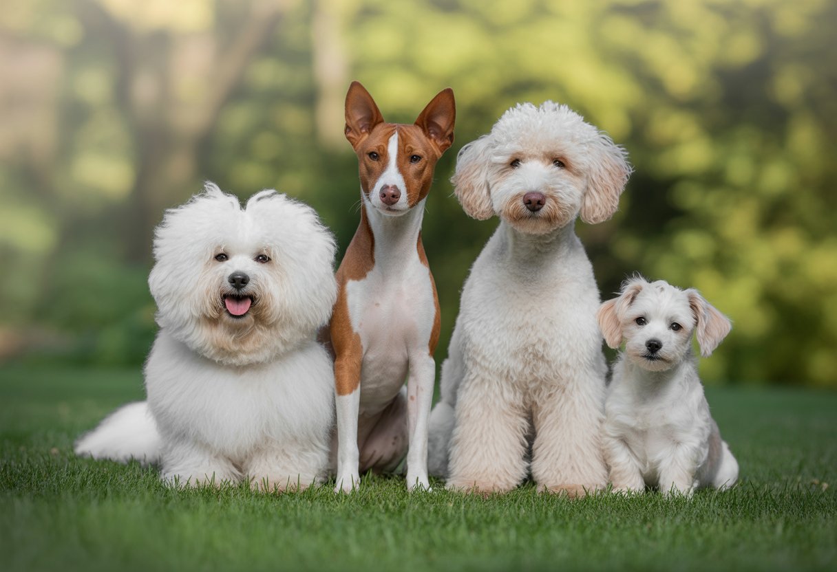 A group of hypoallergenic dog breeds including a Bichon Frise, Basenji, Poodle, and Maltese sitting calmly on grass outdoors with trees in the background.