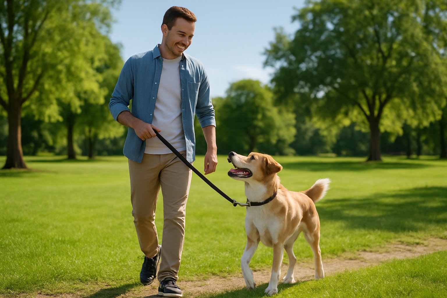 A person leash training a dog in a sunny park with green grass and trees.