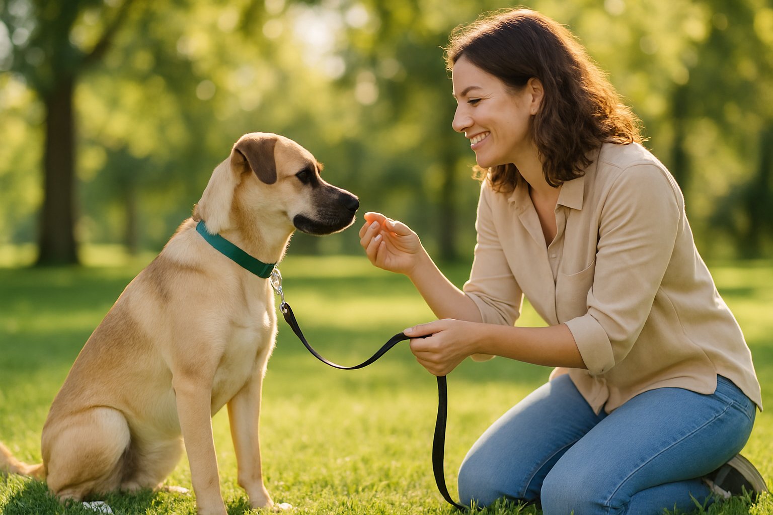 A woman kneeling beside a medium-sized dog on a leash in a sunny park, offering a treat while the dog looks attentively at her.