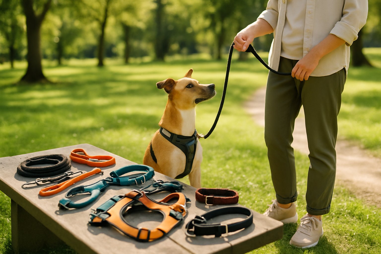 A person holding a dog leash attached to a calm dog in a green park with various dog training equipment placed nearby.