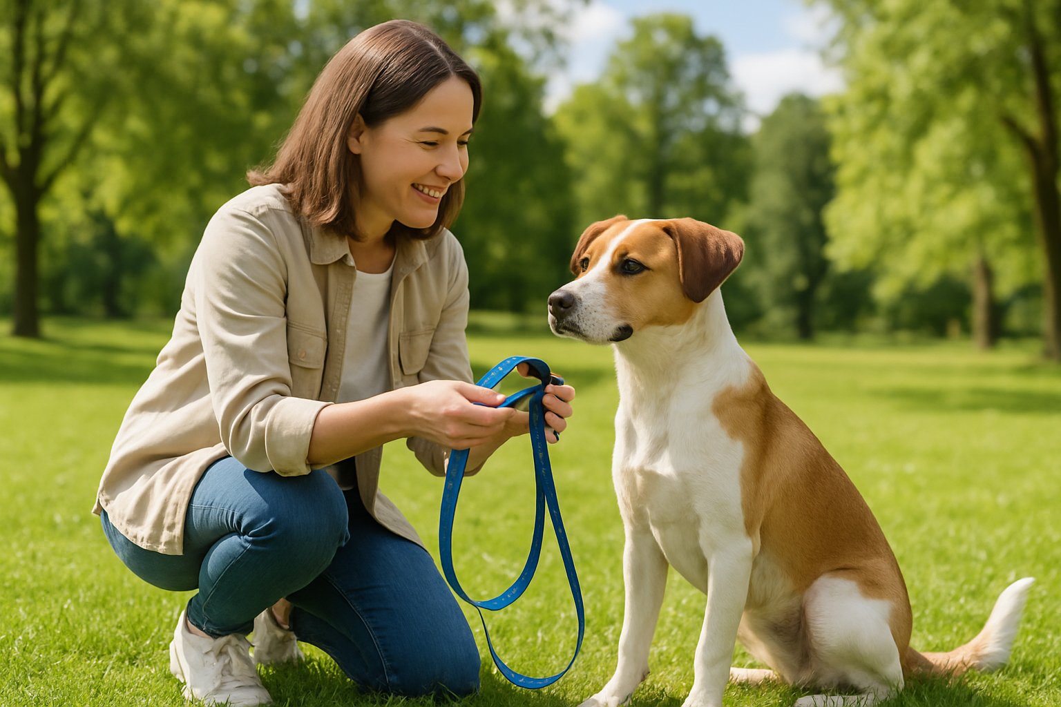 A person kneeling beside a calm dog in a park, holding a collar and leash to start leash training.