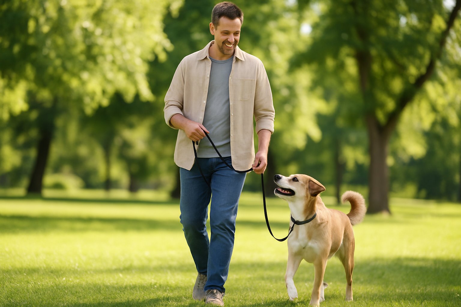 An adult walking a dog on a leash in a park, demonstrating leash training techniques.