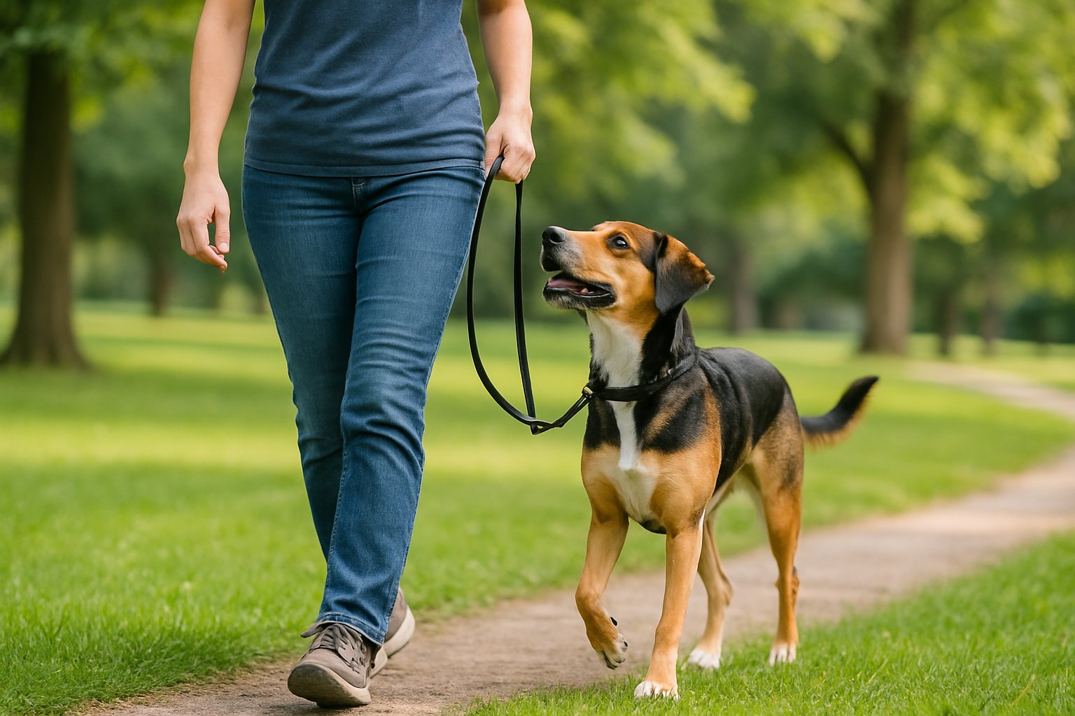 A person walking a calm dog on a loose leash in a green park.