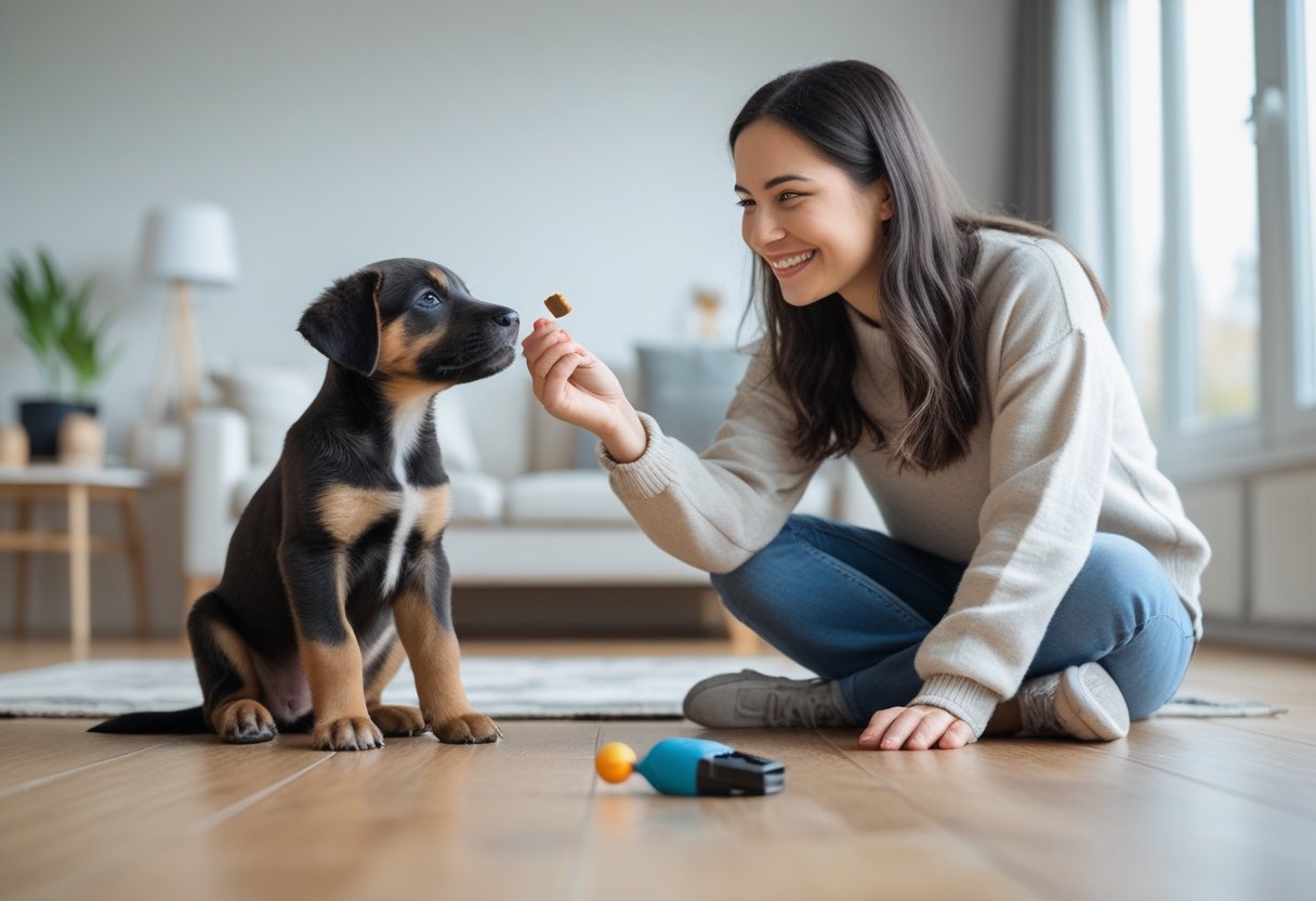 A young woman training a small puppy indoors, holding a treat while the puppy sits attentively.