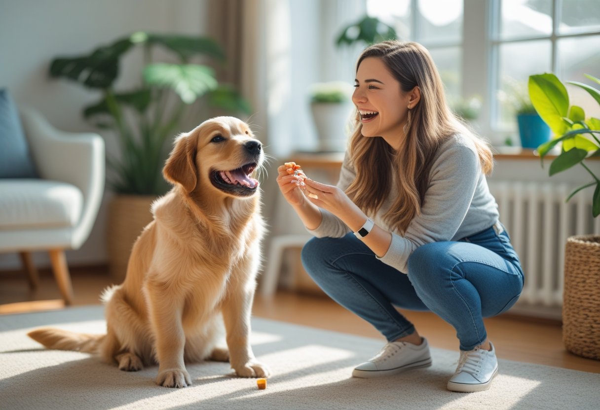 A young woman training a golden retriever puppy indoors, both looking happy and engaged.