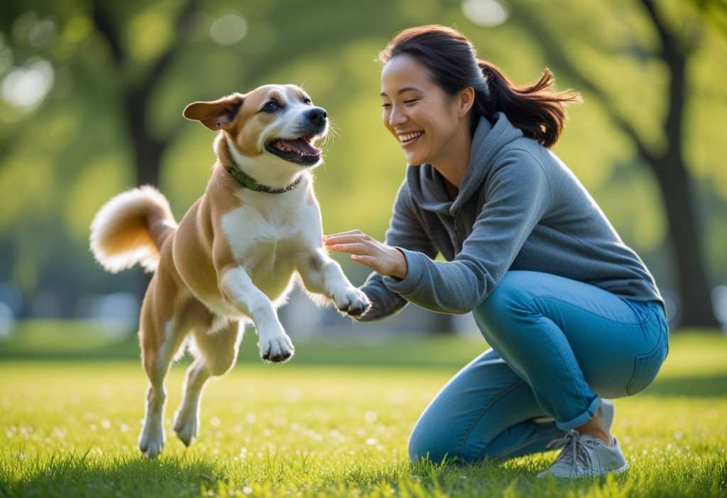 dog jumping up at owner