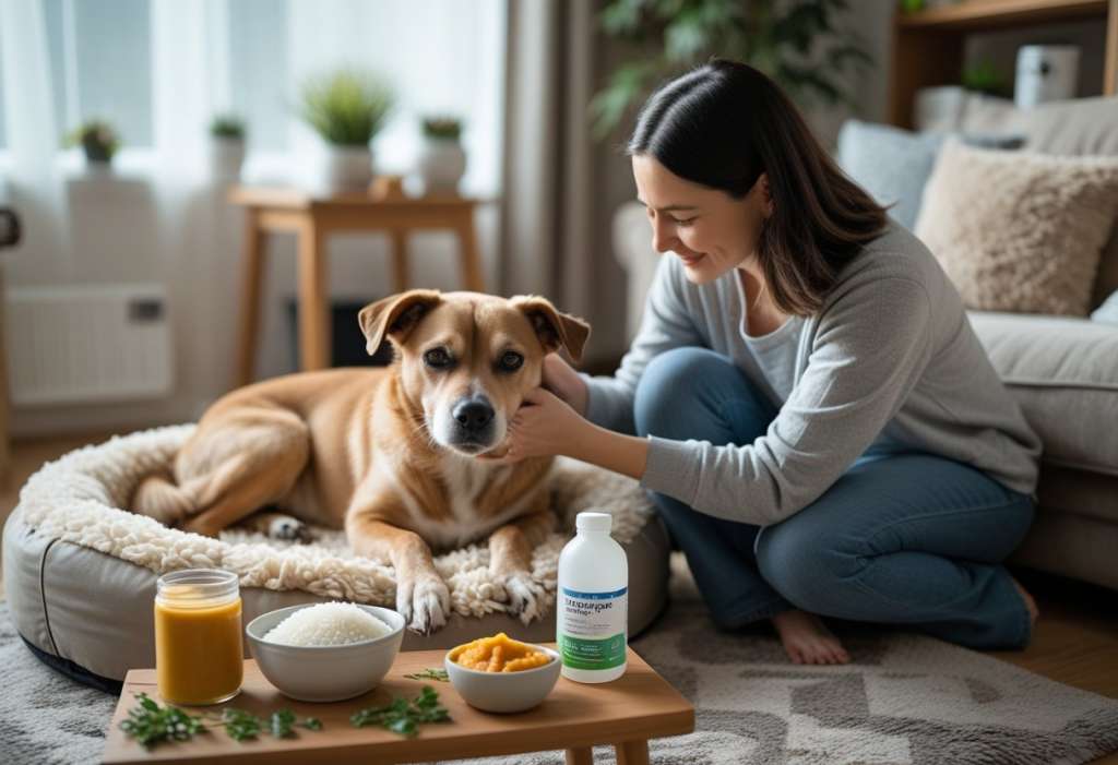 dog with owner and some upset stomach remedies