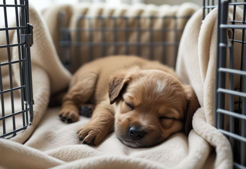 puppy asleep in dog crate