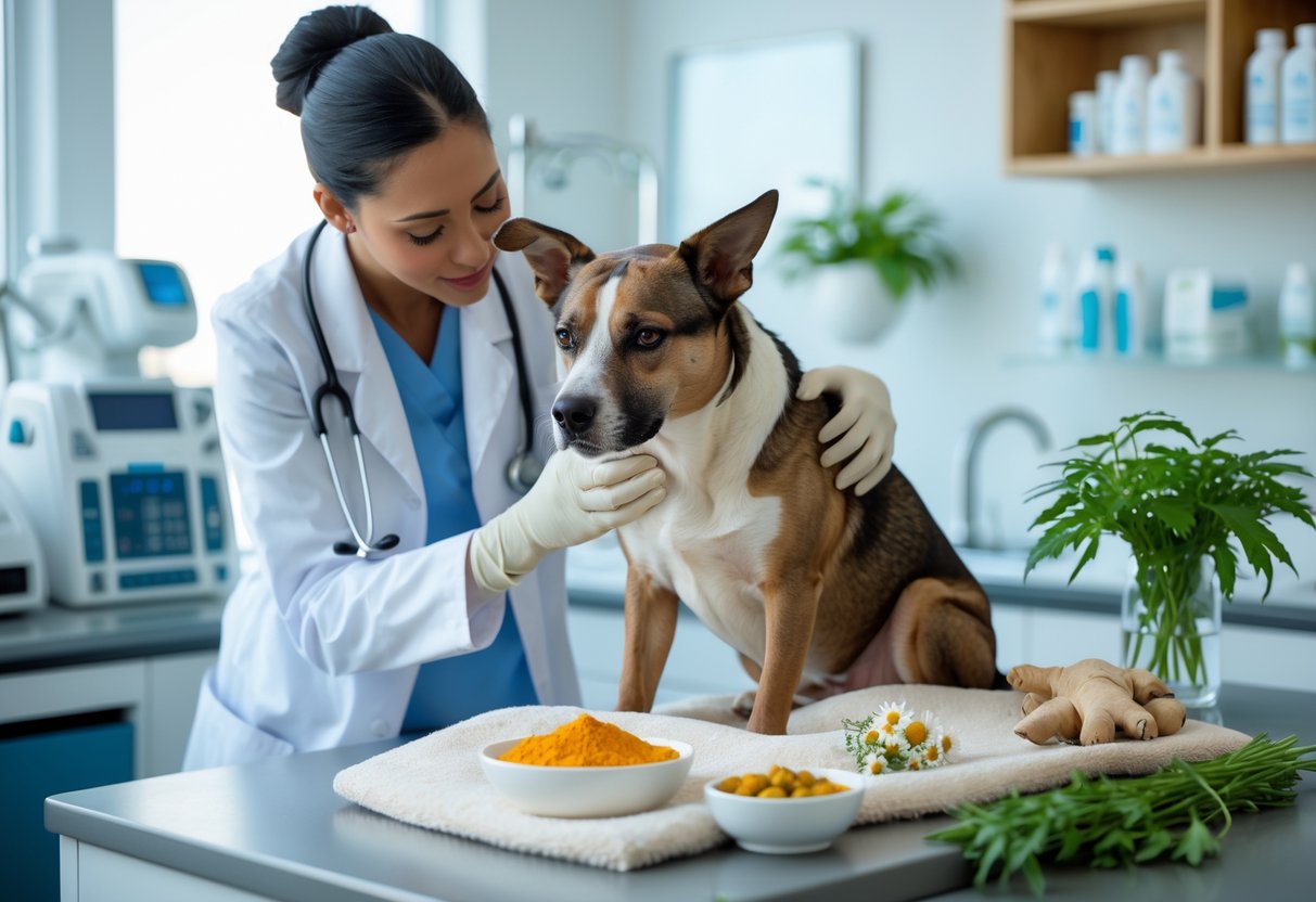 Veterinarian gently examining a medium-sized dog on an examination table with natural remedies like pumpkin and herbs nearby in a veterinary clinic.