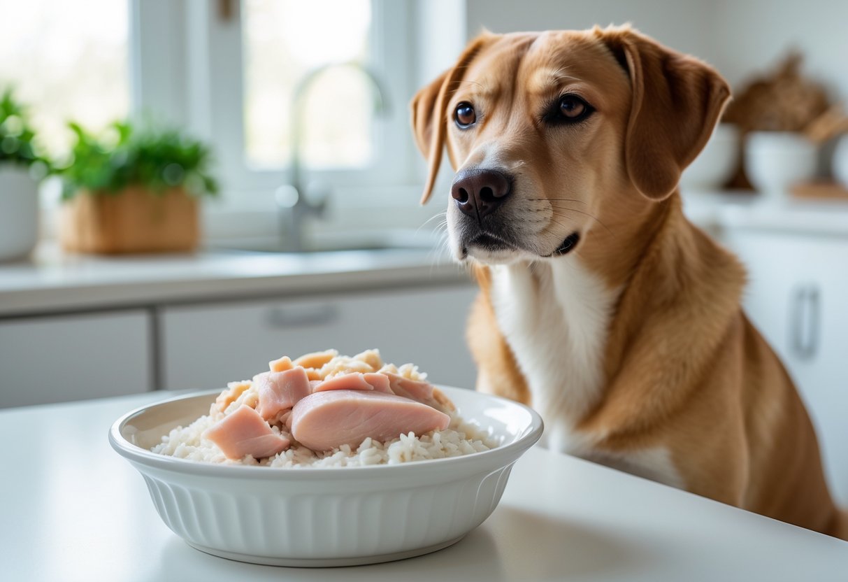 A dog sitting calmly next to a bowl of boiled chicken and rice on a table in a bright kitchen.