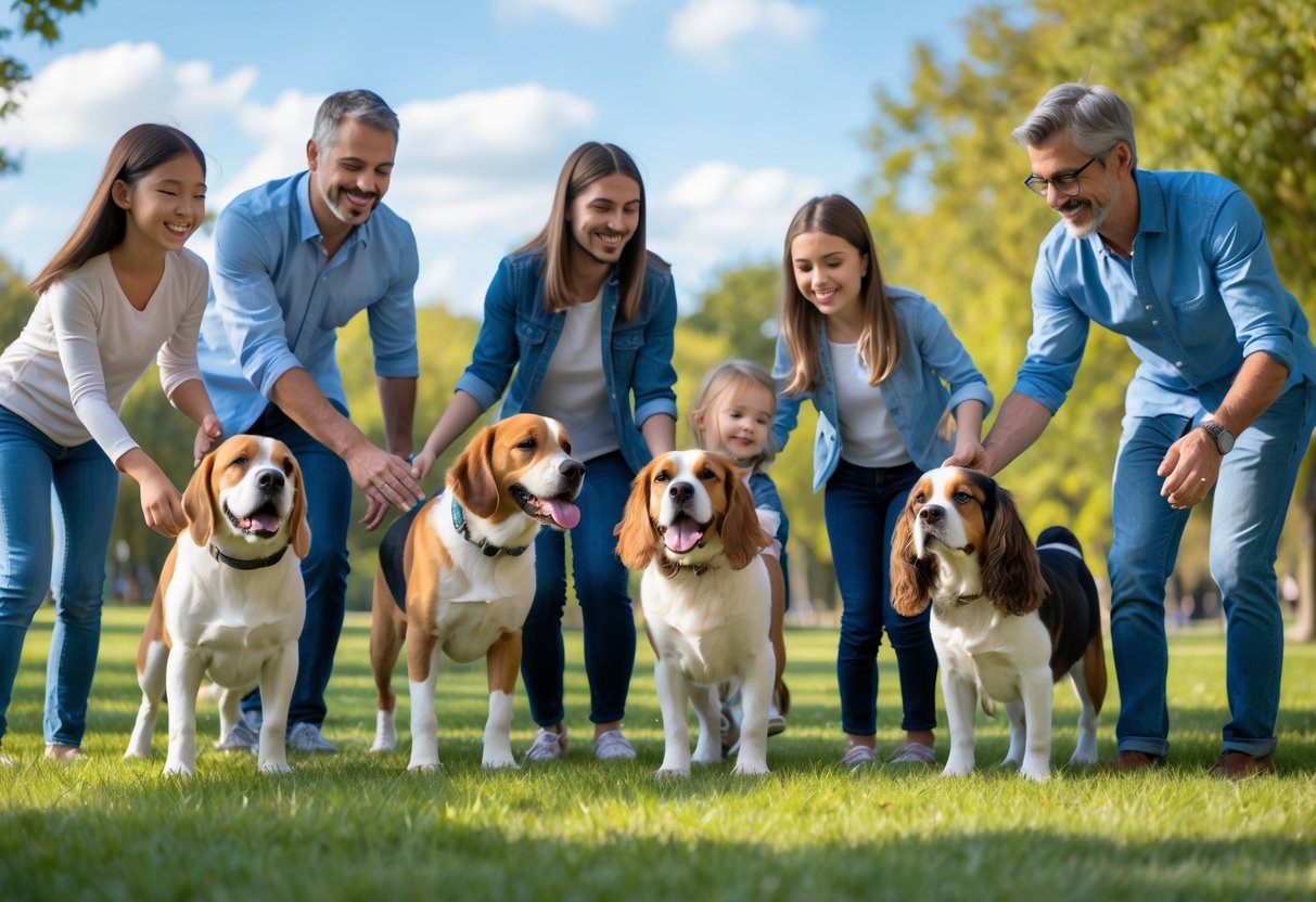 A family enjoying time in a park with several friendly dogs including Labradors, Golden Retrievers, Beagles, Bulldogs, and Cavalier King Charles Spaniels.