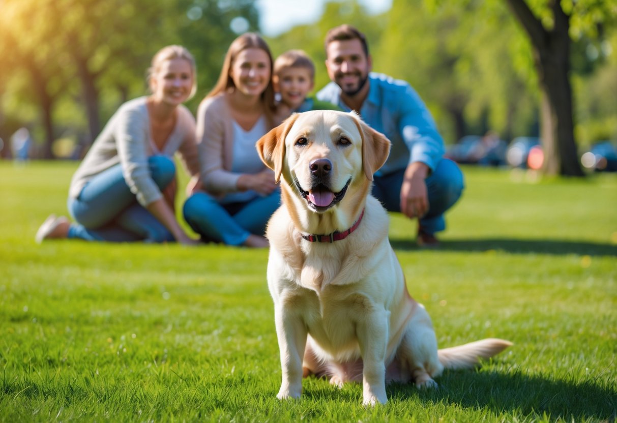 A Labrador Retriever sitting on grass with a smiling family playing in the background in a sunny park.