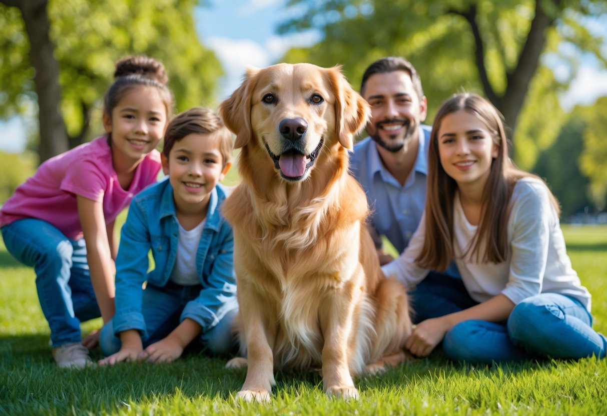 A Golden Retriever sitting on grass with a smiling family of four playing nearby in a sunny park.