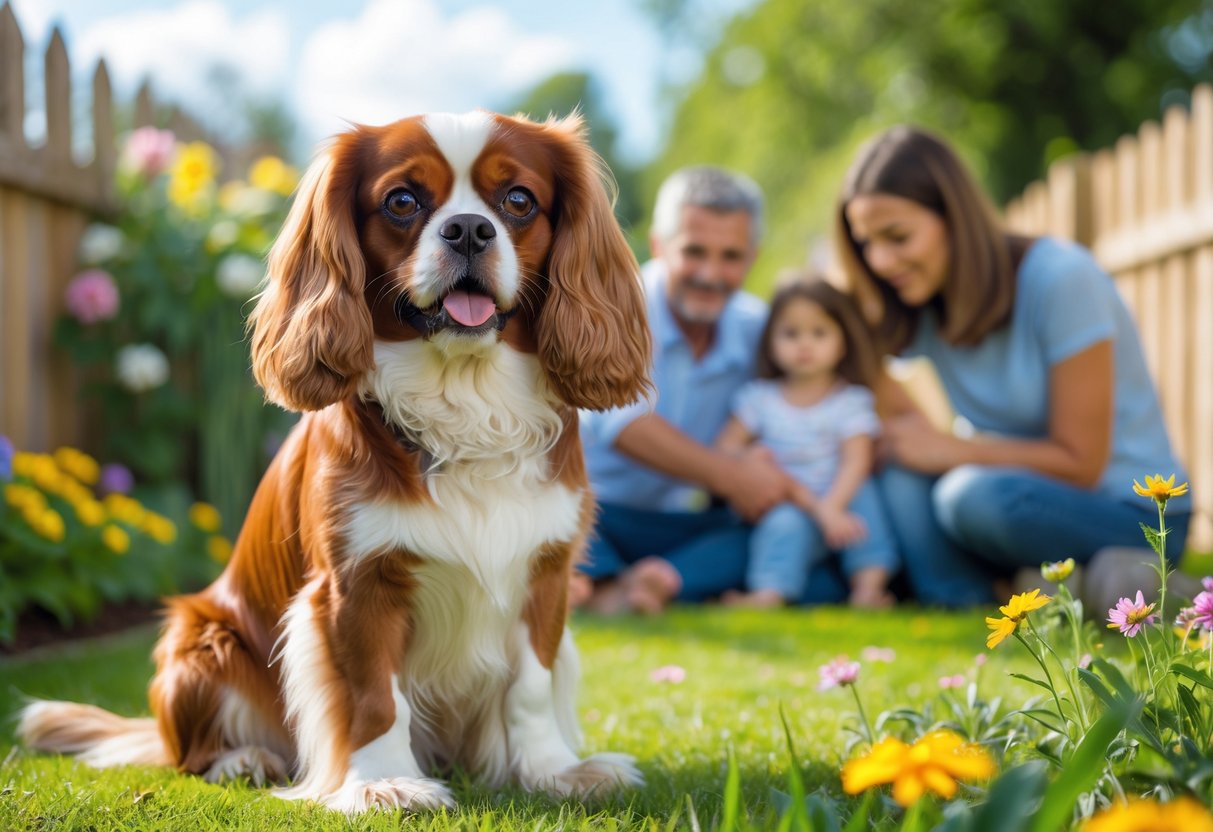 A Cavalier King Charles Spaniel sitting in a garden with a family nearby, showing a happy and friendly dog.