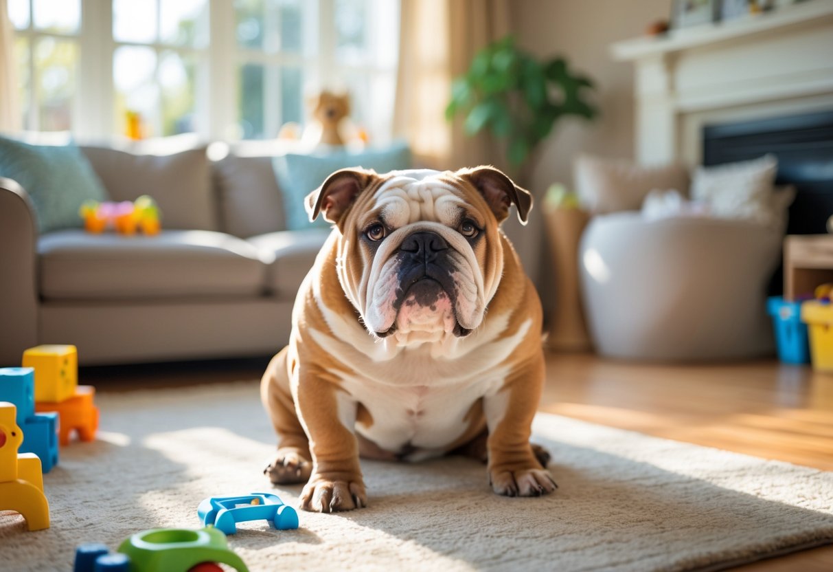 An English Bulldog sitting calmly in a bright living room with children's toys nearby.