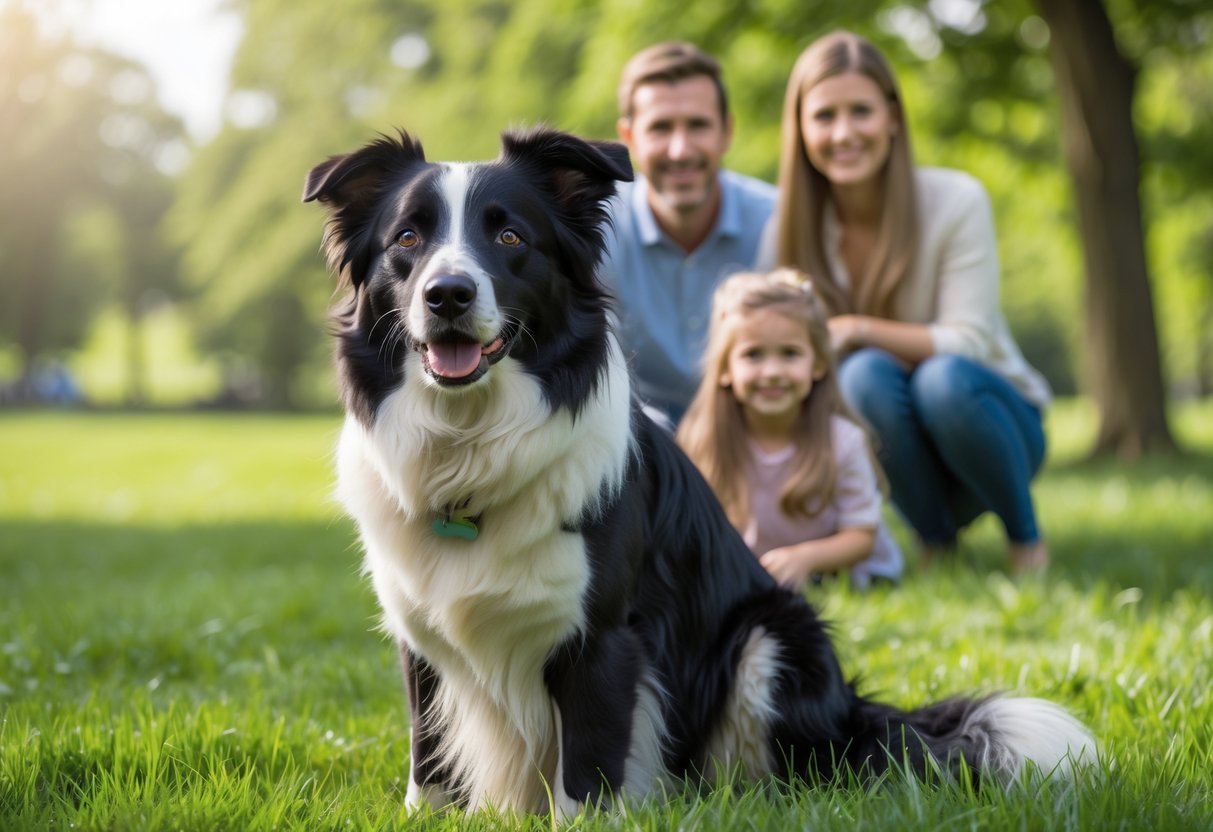 A Border Collie sitting on grass in a park with a family of four playing in the background.