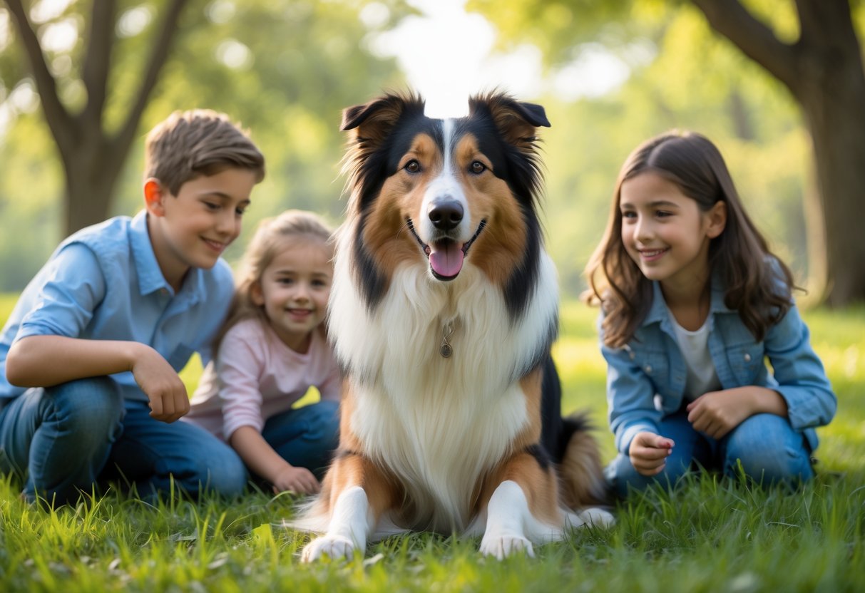 A Collie dog sitting in a park with two children playing nearby and a family enjoying time together outdoors.