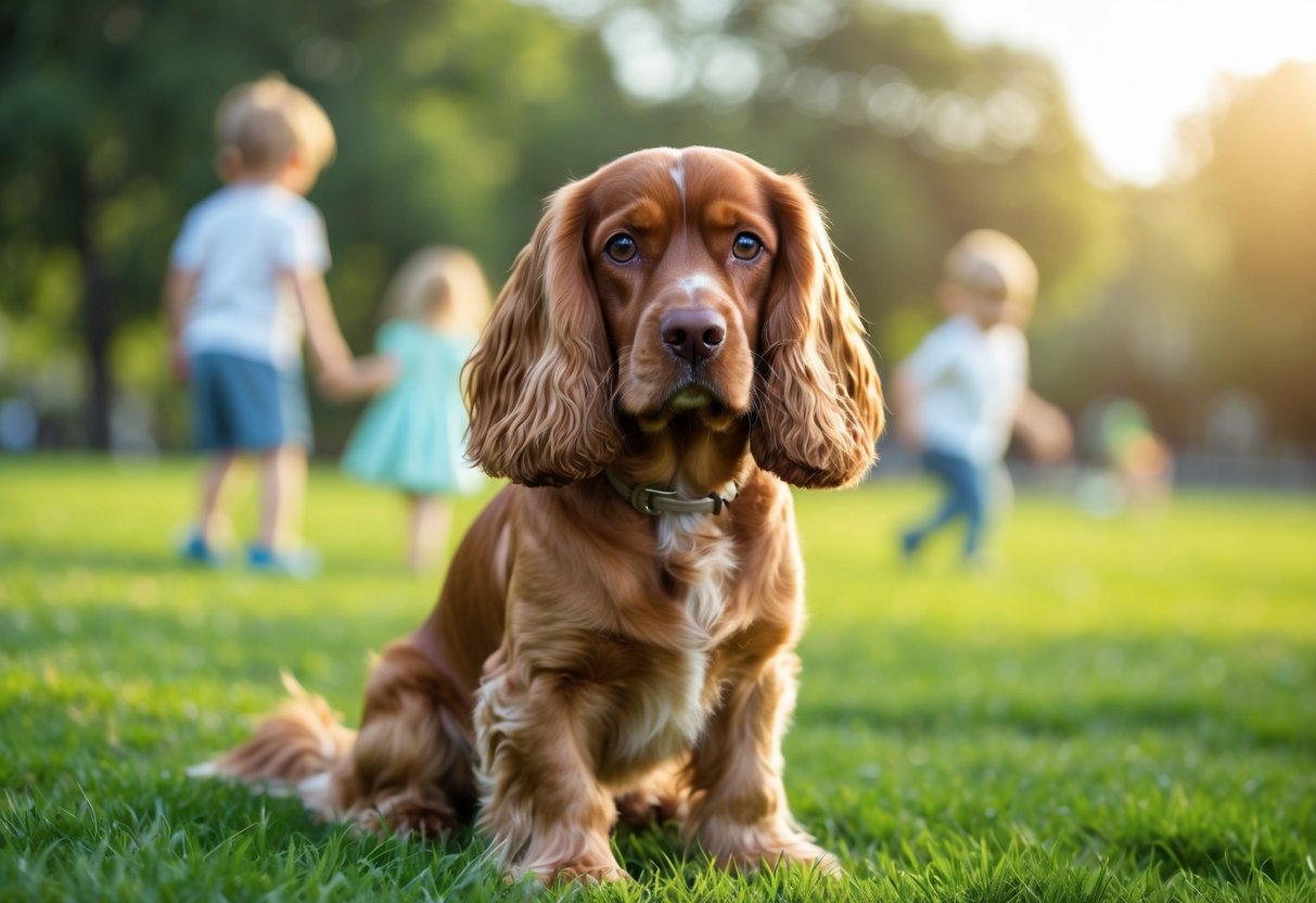 A Cocker Spaniel sitting on green grass in a sunny park with children playing in the background.