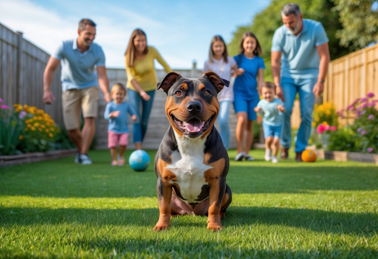 A Staffordshire Bull Terrier sitting in a sunny backyard with a family playing and smiling nearby.