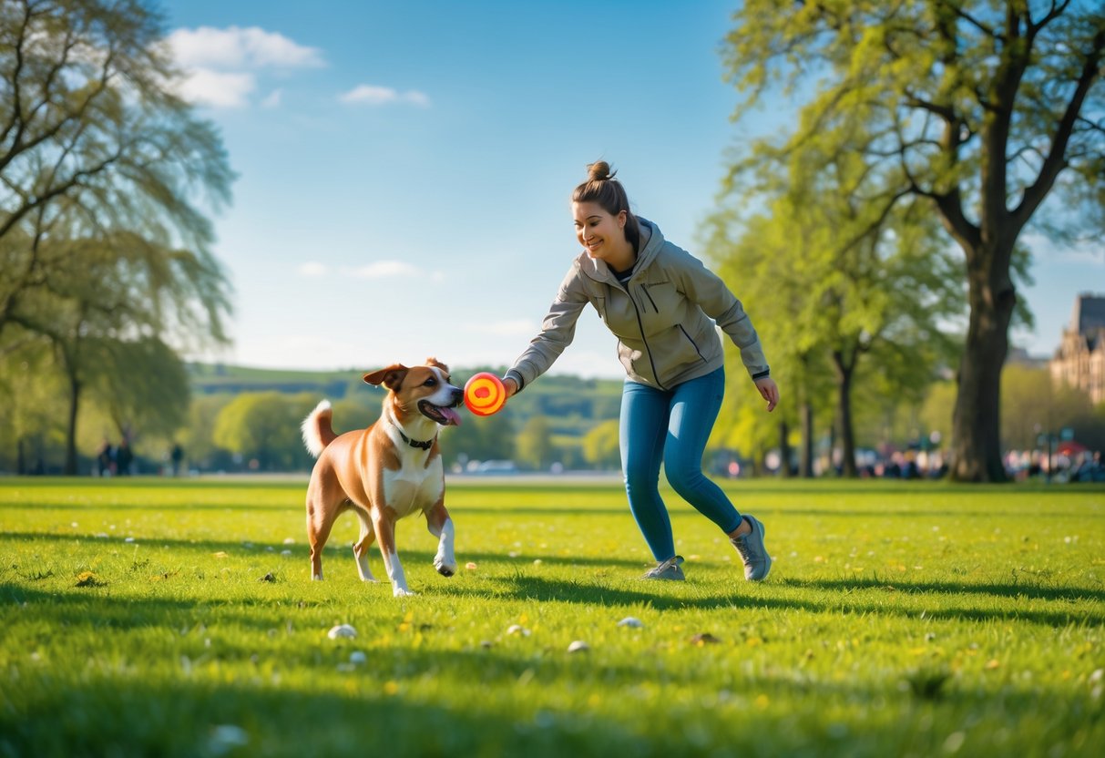 A person playing fetch with their dog in a green park in Sheffield on a sunny day.