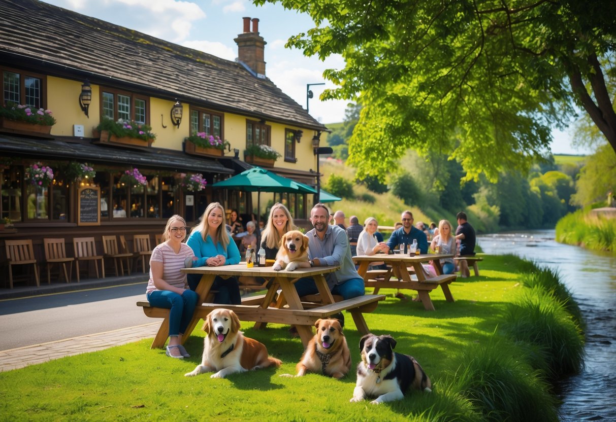 People enjoying a sunny day outside a riverside pub with their dogs sitting nearby on the grass and at picnic tables.