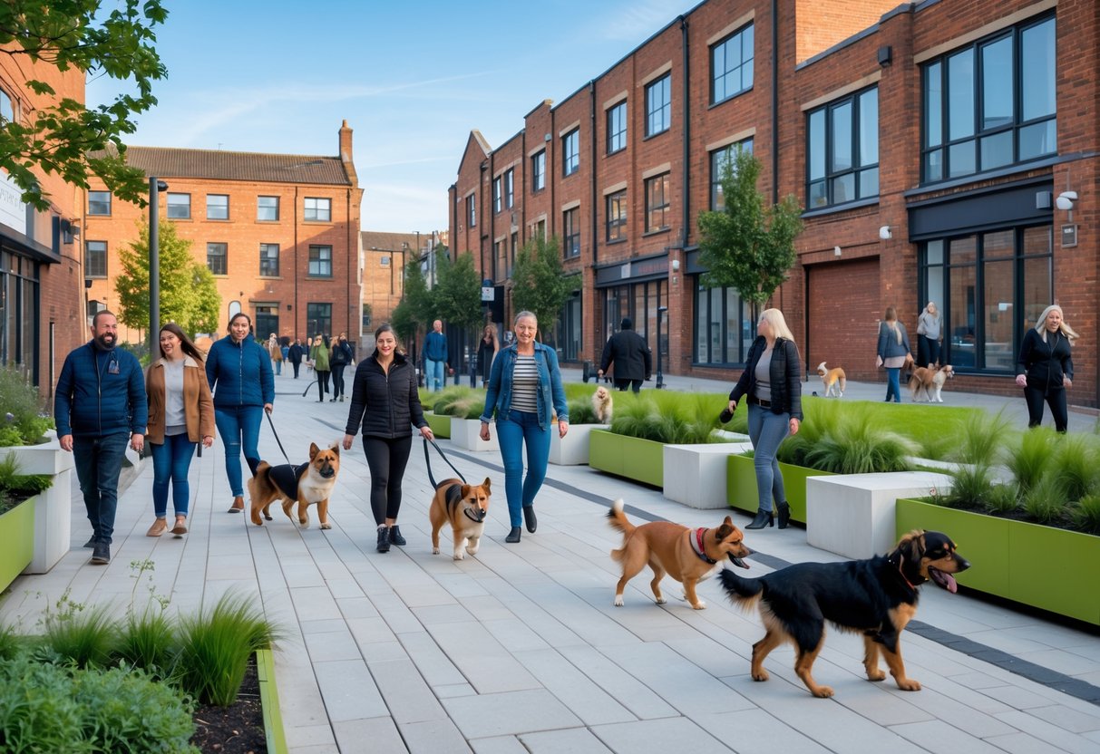 People walking and relaxing with their dogs in a modern urban outdoor space in Sheffield.