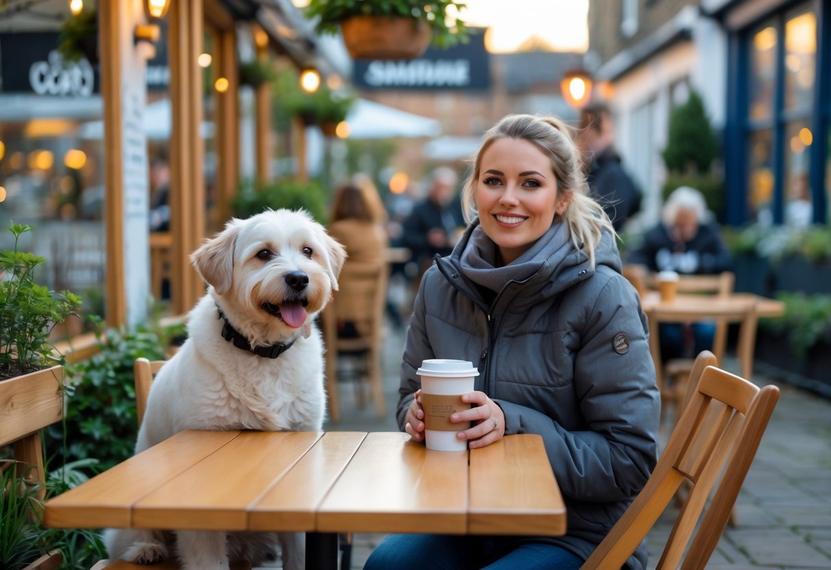 Person enjoying a warm drink at an outdoor dog café in Sheffield with their dog sitting nearby.