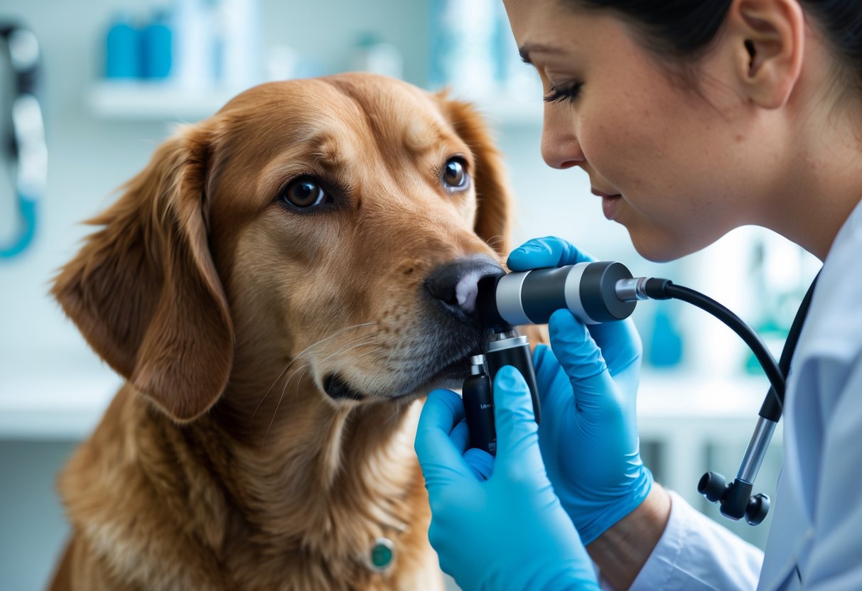 A veterinarian examining a dog's ear with an otoscope in a veterinary clinic.