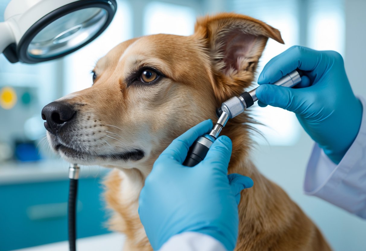 A veterinarian examining a dog's ear with an otoscope in a veterinary clinic.