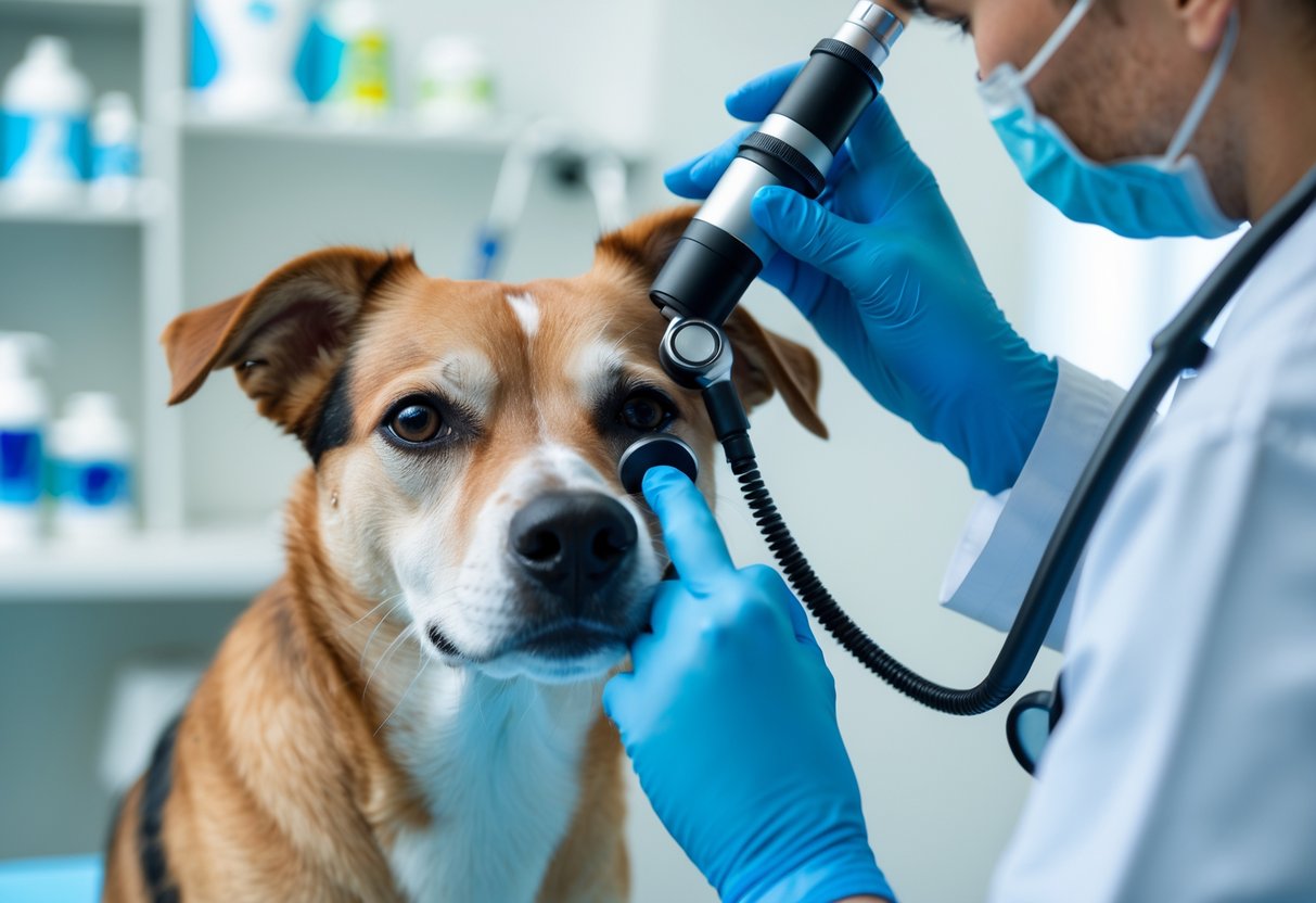 A veterinarian examining a dog's ear with an otoscope in a veterinary clinic.