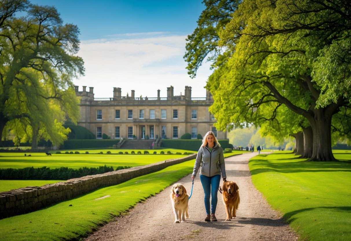 A person walking a dog on a gravel path with trees and Chatsworth House visible in the background.