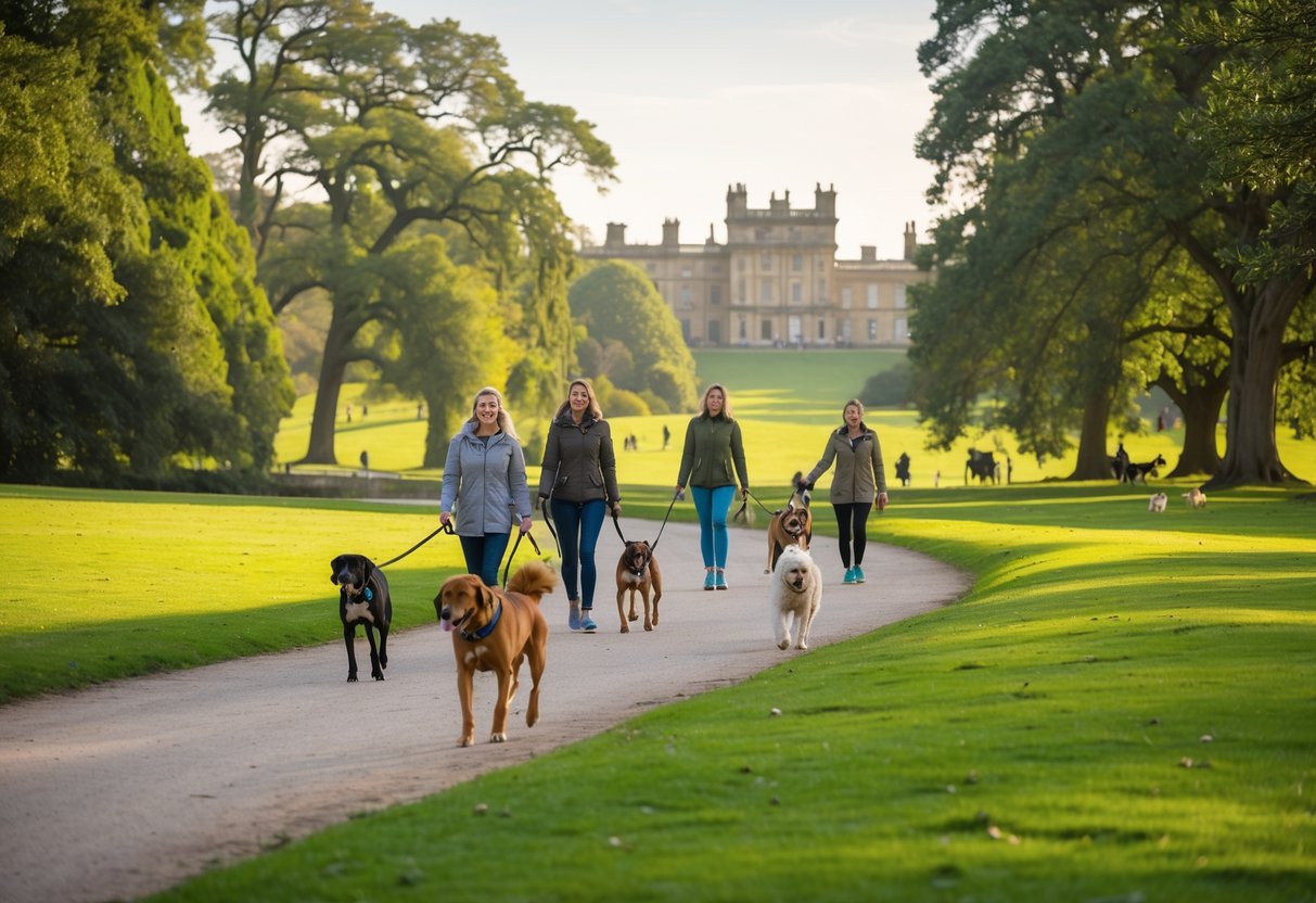 A green park with walking paths, dogs and people enjoying a gentle walk near a large historic house.